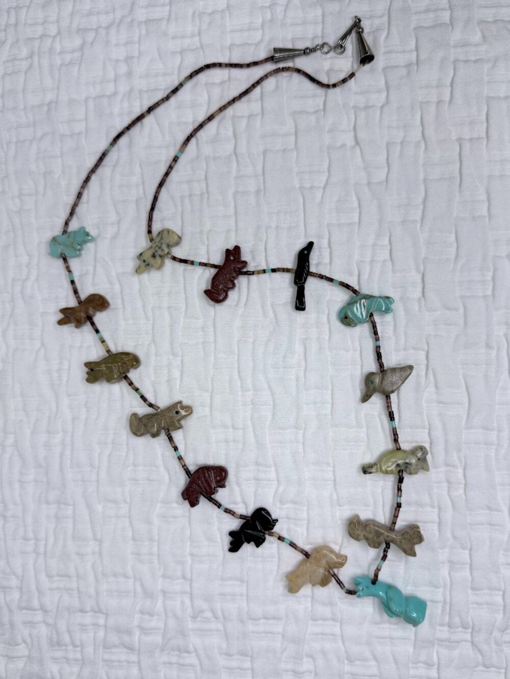 Vintage Navajo Fetish Turquoise Bear & Carved Animals Sterling Necklace *READ